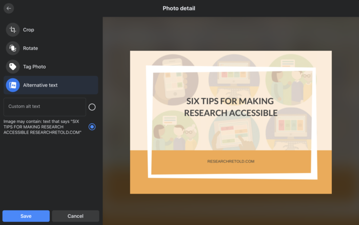 Making research accessible: the interface when adding alt text to an image on Facebook