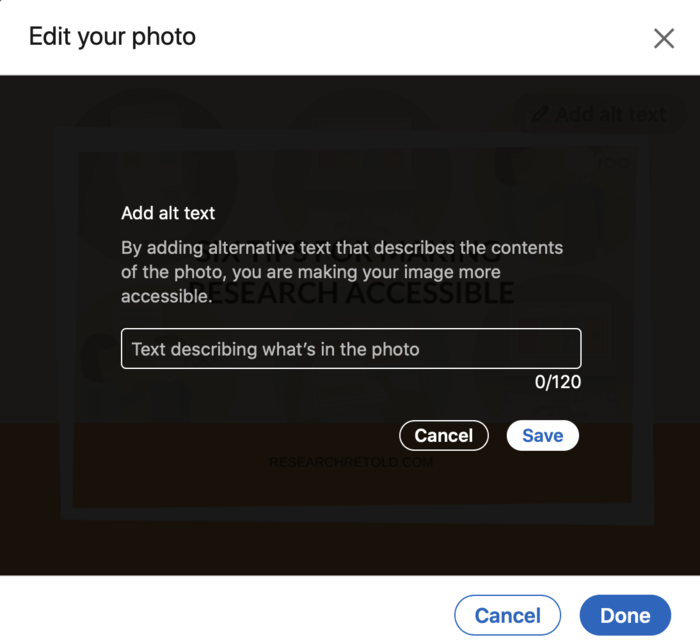 Making research accessible: the interface when adding alt text to an image on LinkedIn