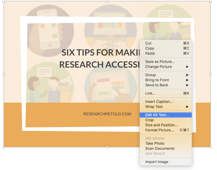 Making research accessible: the options available when right-clicking in Microsoft Word. Edit alt text is highlighted in blue.