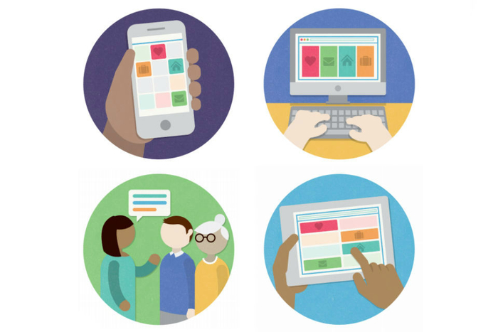 Four graphics illustrating different forms of communication, from verbal to digital, on different devices.