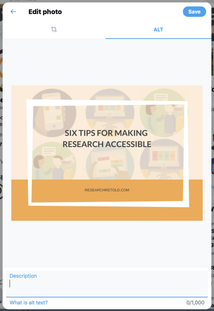 Making research accessible: the interface when adding alt text to an image on Twitter.