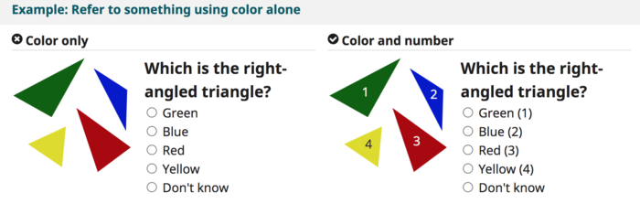 Two examples of visuals. The visual on the left is an example of a visual where the user only relies on colour to make a judgement. The visual on the right includes a label for each object, giving the user multiple points of reference.